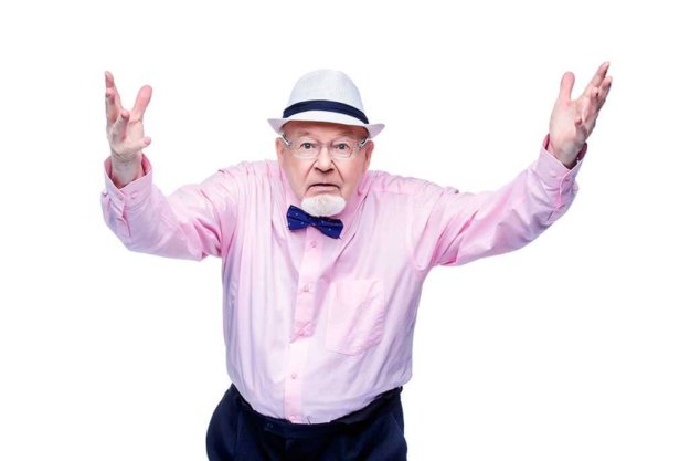 dissatisfaction of old man Angry old man expresses his dissatisfaction. Social protection, rights of pensioners. Isolated over white. Copy space.