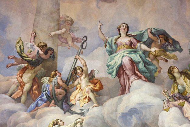 Vienna, Austria – July 3 2017: painting on the dome of St. Charles’s Cathedral (Karlskirche), fragment. Vienna, Austria - July 3 2017: painting on the dome of St. Charles's Cathedral (Karlskirche), fragment.