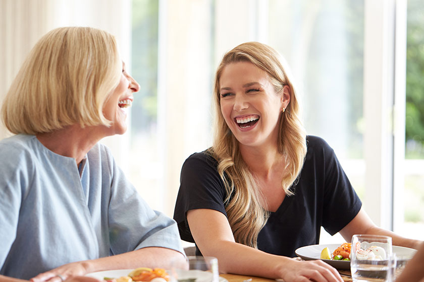 Family With Senior Mother And Adult Daughter Eating brunch table together