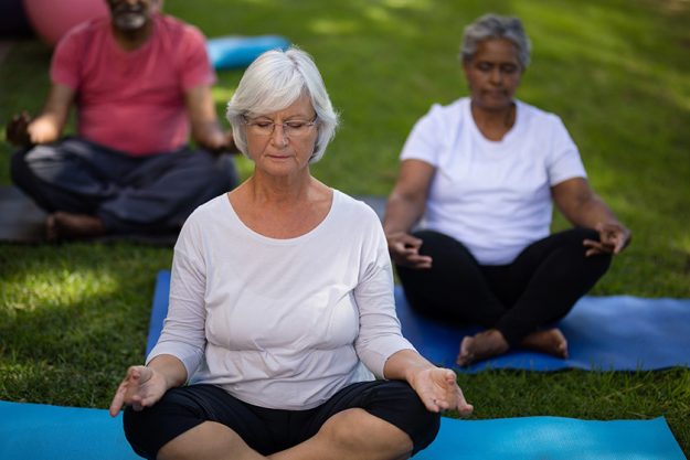 Senior-woman-with-friends-meditating-at-park. Senior-woman-with-friends-meditating-at-park.
