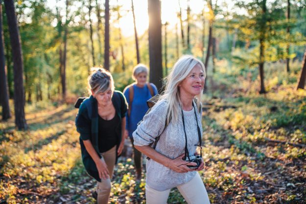 Senior,Women,Friends,Outdoors,In,Forest,,Walking.